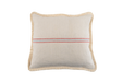 Handwoven antique Hungarian hemp pillow with red stripes and cotton fringe.