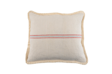 Handwoven antique Hungarian hemp pillow with red stripes and cotton fringe.