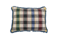 Handwoven antique Hungarian hemp pillow with tartan pattern and cotton fringe.