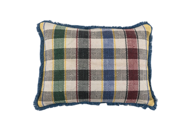 Handwoven antique Hungarian hemp pillow with tartan pattern and cotton fringe.