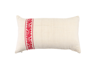 Handwoven antique Hungarian hemp pillow with red embroidery, vintage craftsmanship.