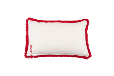 Embroidered antique handwoven Hungarian hemp pillow with red trim detailing.