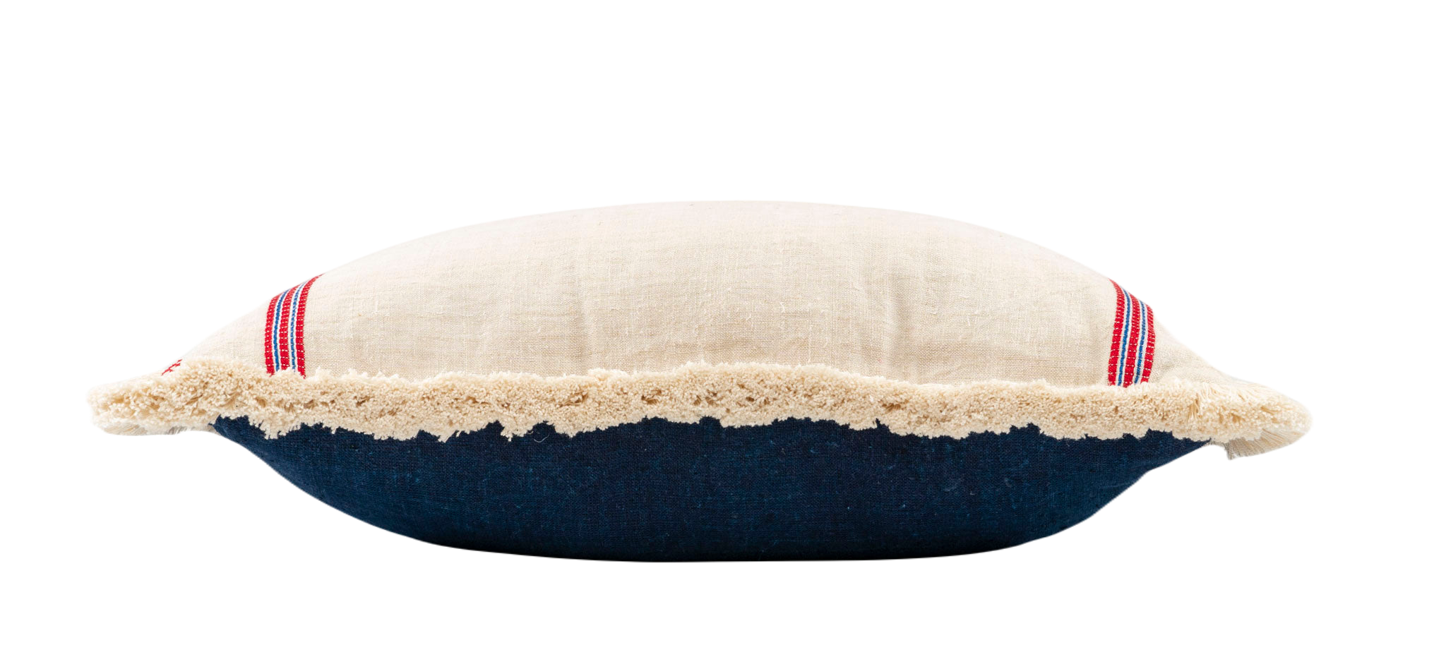 Embroidered antique handwoven Hungarian hemp pillow with indigo-dyed back.