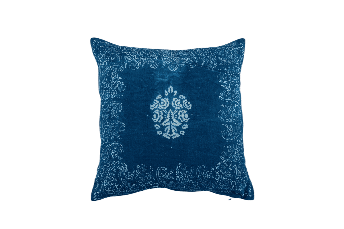 Pillow: Handwoven antique Hungarian hemp, wax resist Indigo - P295