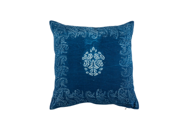 Handwoven antique Hungarian hemp pillow with wax resist indigo design.