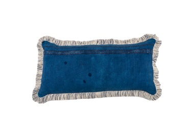 Indigo over dyed antique handwoven hemp pillow with cotton fringe.