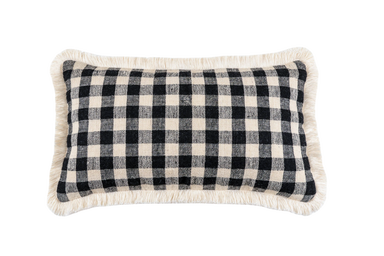 Handwoven antique Bulgarian wool pillow with cotton fringe and checkered pattern.