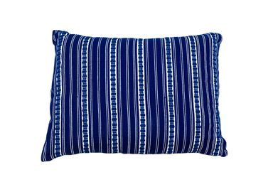 Handwoven antique Hungarian hemp pillow with blue and white stripes.