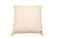 Antique handwoven decorative pillow in natural hemp with yellow stitching.