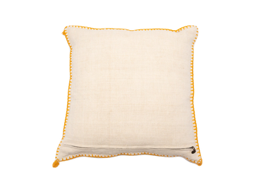 Antique handwoven decorative pillow in natural hemp with yellow stitching.