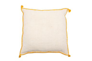 Antique handwoven decorative Hungarian hemp pillow with yellow edging.