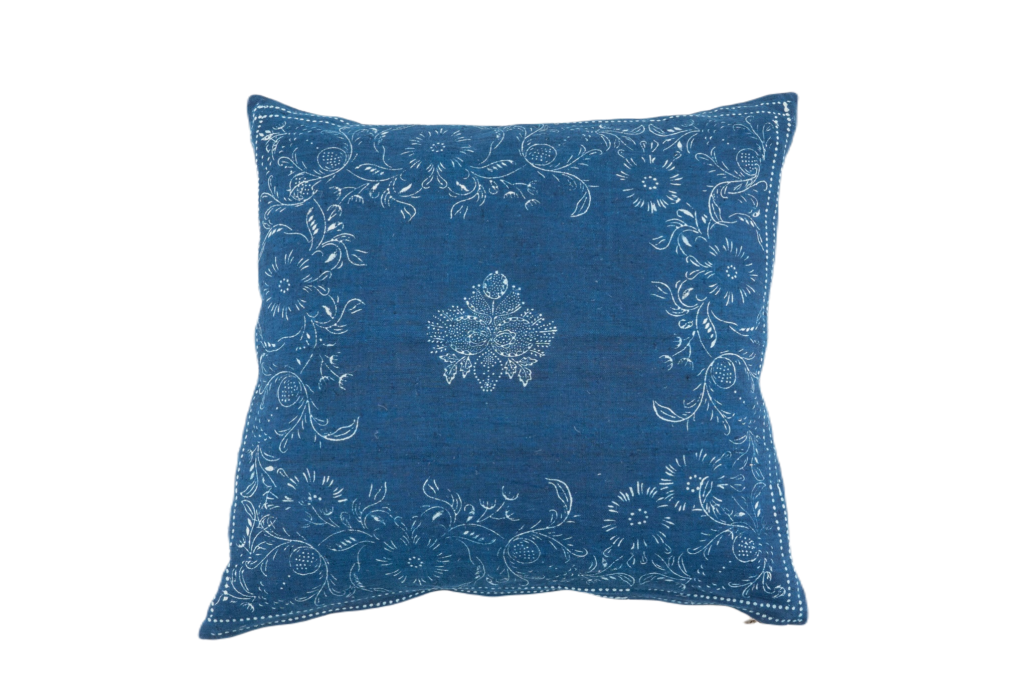 Handwoven antique Hungarian hemp pillow with indigo wax resist dye pattern.