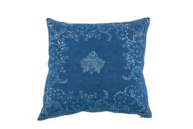 Handwoven antique Hungarian hemp pillow with indigo wax resist dye pattern.