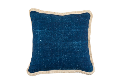 Antique handwoven Hungarian hemp pillow with indigo over dye and cotton fringe.