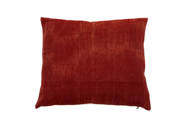 Antique handwoven decorative pillow with red cotton and linen blend, wool back.