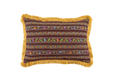 Handwoven Romanian Textile Pillow with intricate patterns and yellow fringe detailing.