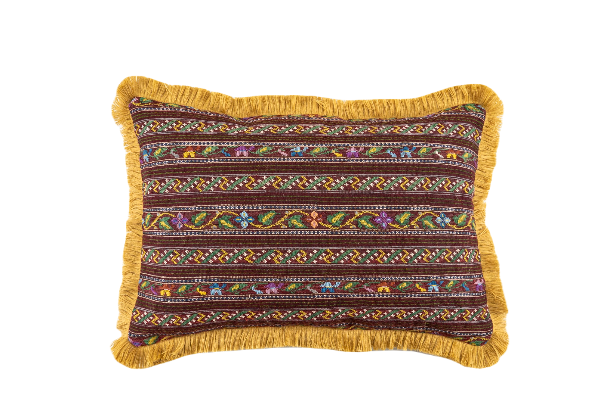 Handwoven Romanian Textile Pillow with intricate patterns and yellow fringe detailing.