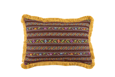 Handwoven Romanian Textile Pillow with intricate patterns and yellow fringe detailing.