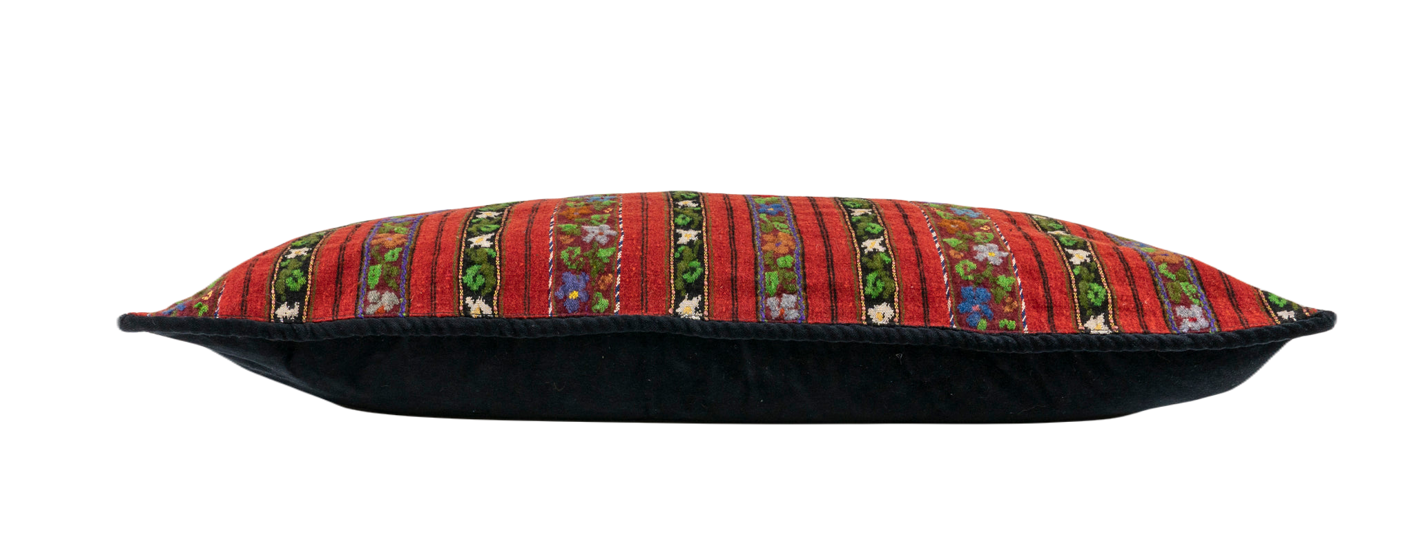 Handwoven Romanian artifact textile pillow with floral design and cotton velvet back.