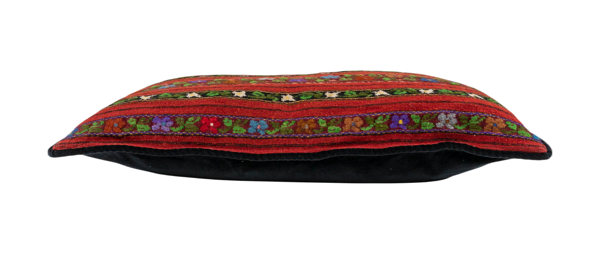 Artifact textile handwoven Romanian pillow with vibrant patterns, cotton velvet back.