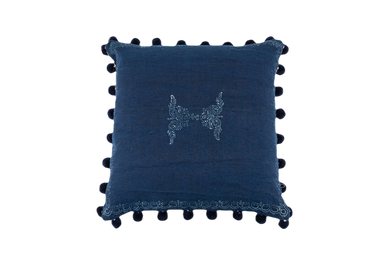 Handwoven antique Hungarian hemp pillow with wax resist indigo pattern.