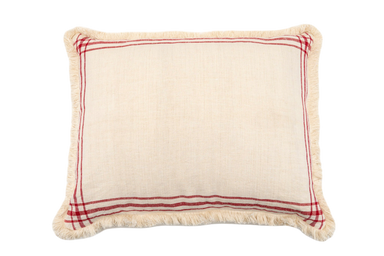 Handwoven hemp cloth cushion with red-striped border and fringe detailing.