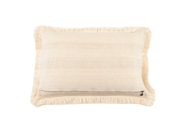 Handwoven antique Hungarian hemp pillow with decorative pattern and cotton fringe.