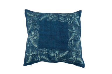 Handwoven antique Hungarian hemp pillow with indigo dye and floral pattern.