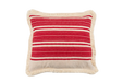 Handwoven antique Hungarian hemp pillow with red and cream stripes and cotton fringe.