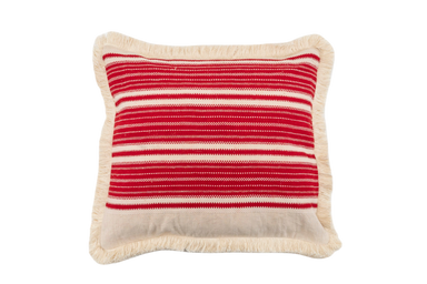 Handwoven antique Hungarian hemp pillow with red-striped design and cotton fringe.