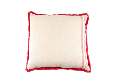 Handwoven antique Hungarian hemp pillow with red fringe and metal zipper.