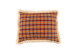 Handwoven antique Bulgarian wool pillow with tartan pattern, merino wool fringe, and cotton velvet back.