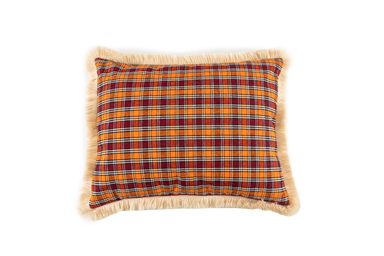 Handwoven antique Bulgarian wool pillow with tartan pattern, merino wool fringe, and cotton velvet back.