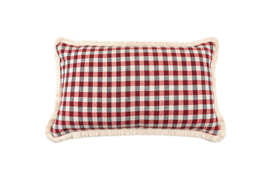 Handwoven Antique Hungarian Textile pillow with red and white checkered pattern.