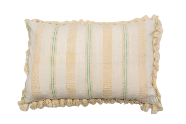 Antique handwoven decorative pillow with cotton fringe and linen blend.